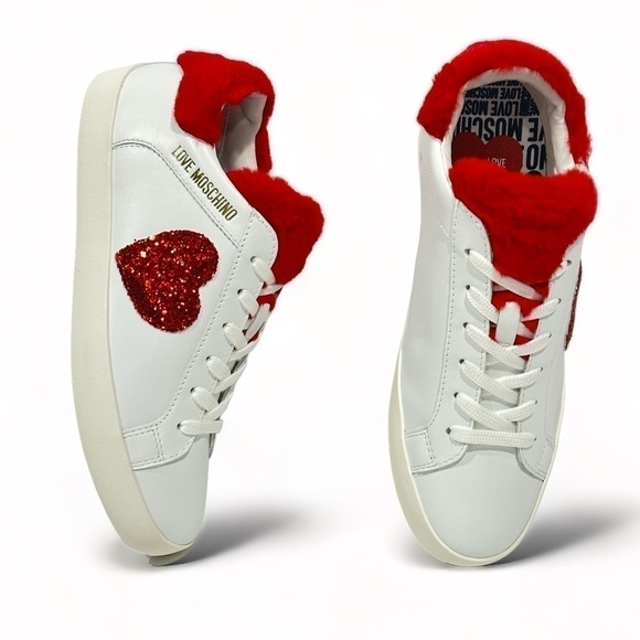 Love Moschino Logo  Glitter-Red Heart With Red Faux Fur detail low-top sneaker - Picture 13 of 16